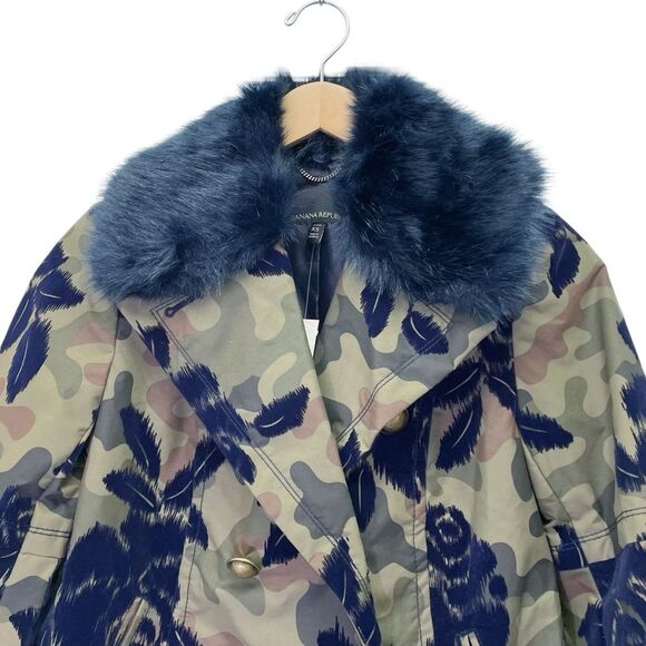 NWT Banana Republic Peacoat Jacket Olive Camo Navy Faux Fur Collar Size XSP New - Picture 9 of 16